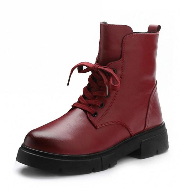 

boots 2021 winter rubber women genuine leather shoes for lace up ankle ladies platform wedges with fur, Black