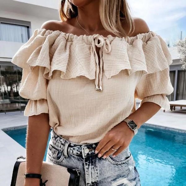 

women's t-shirt women off-shoulder ruffles tees 2021 summer casual short sleeve lace-up solid holiday female streetwear loose t-shi, White