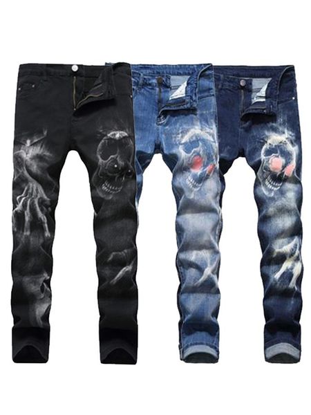 

men's jeans stretch print personalized 3d pattern slim pants, Blue
