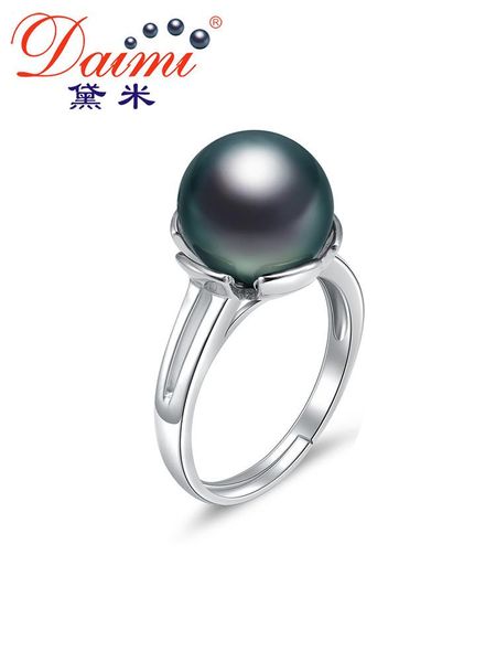 

cluster rings daimi 10-11mm round sea water tahiti black pearl ring 925 sterling silver adjusting, Golden;silver