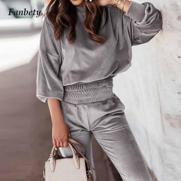 

women's two piece pants women winter soft velvet suits elegant o neck pullover sweatshirt and long homewear set autumn casual solid lad, White