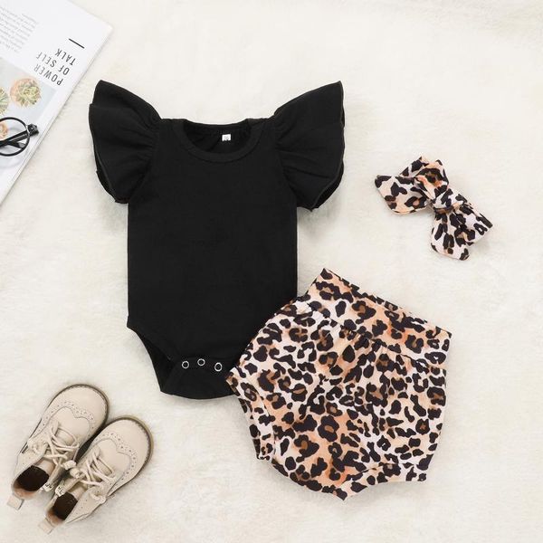 

two-piece children's suit born infant baby girl solid romper bodytsuit+leopard print short set outfits casual clothing sets, White