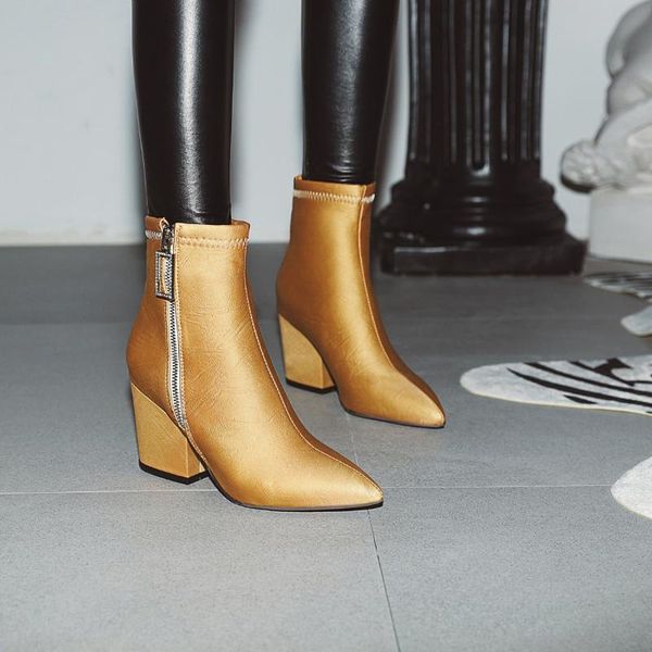 

boots women shoes 2021 winter high heel ankle silk pointed toe square for, Black