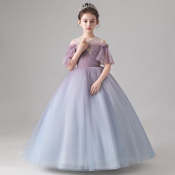 

girl's dresses flower girl illusion o-neck short sequined princess floor-length tulle lace off the shoulder pleat kids party gown h239, Red;yellow