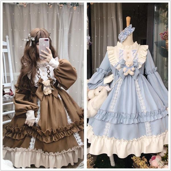 

casual dresses japanese gothic lolita dress women kawaii bow bear lace blue long sleeve princess halloween costume gift for girls, Black;gray
