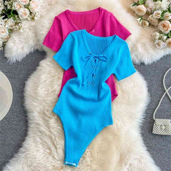 

lace-up knitted bodycon bodysuits solid v-neck short sleeve skinny body casual streetwear summer women clothes 210603, Black;white