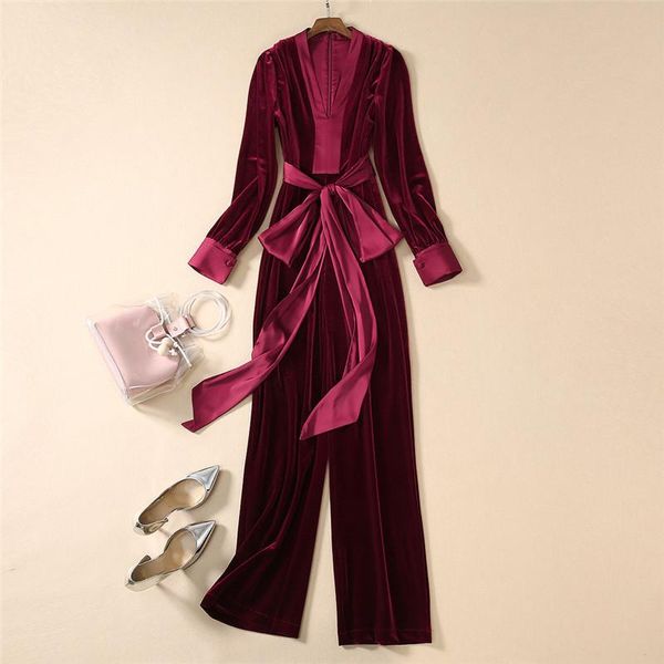 

women's jumpsuits & rompers 2021 spring runway jumpsuit elegant women designer long sleeve lace up office party overalls velvet womens, Black;white