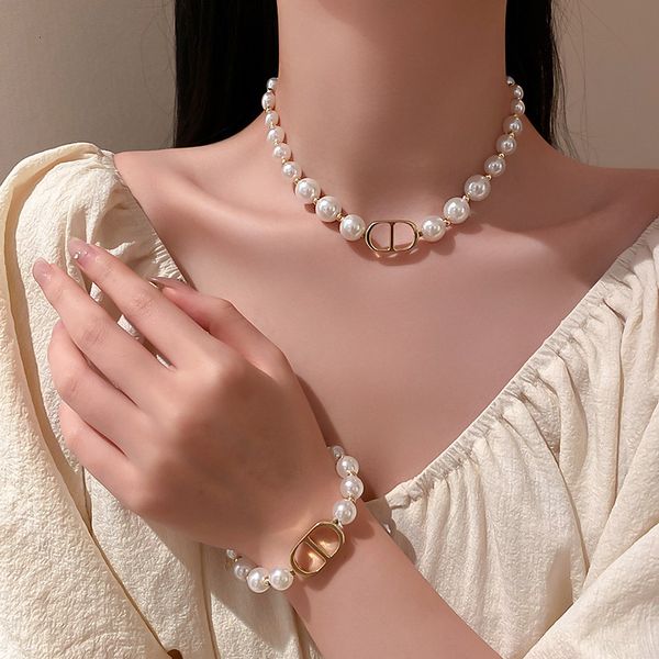

designer necklace luxury chain south korea dongdamen fashion personality geometric pearl neckchain clavicle bracelet set temperament accesso, Silver