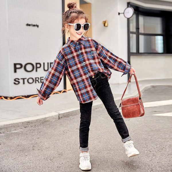 

shirts teenage girls plaid shirt long sleeve cotton for 8 10 12 years kids outfit, White;black