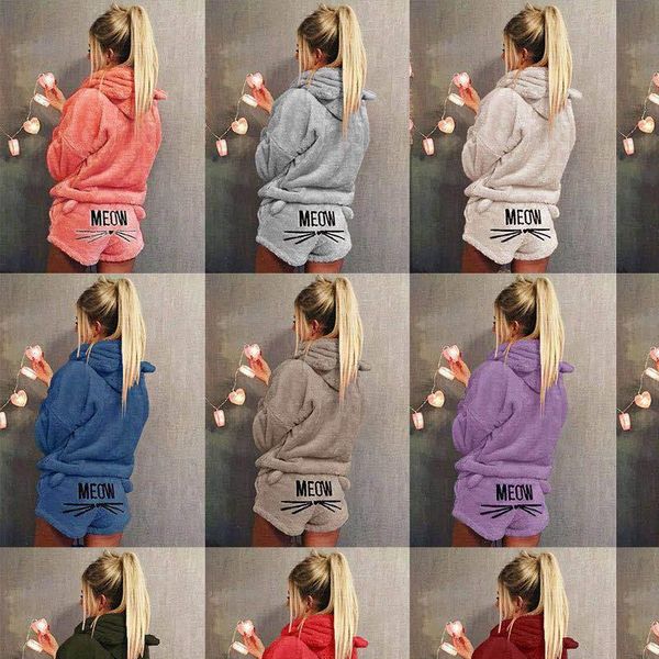 

autumn cat embroidered pajamas women sleepwear hooded casual suit two piece, Black;red