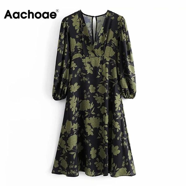 

aachoae women retro floral print midi dresses 2021 v neck back hollow out party dress female long sleeve elegant vestidos casual, Black;gray
