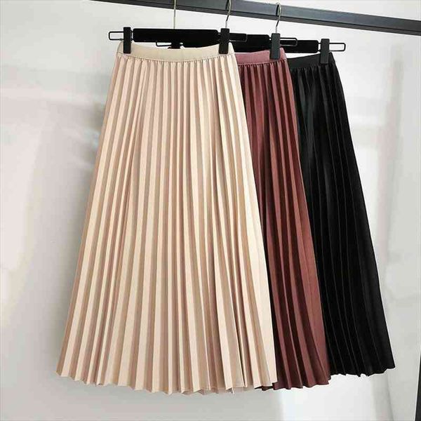 

autumn women skirt summer light classic a word skirt thin solid color high waist retro slim pleated mid-length, Black
