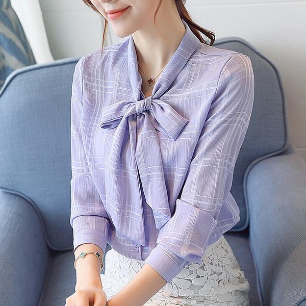 

fashion bow tie long sleeve blouse women office lady plaid chiffon shirts plus size style pink white women's blouses