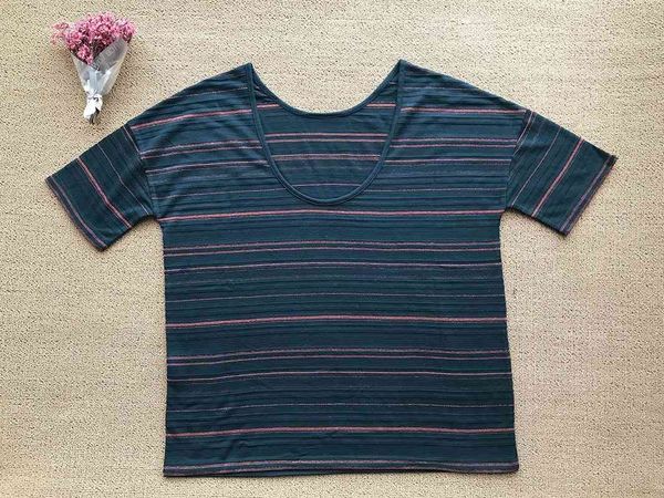 

2021 spring and summer blackish green striped round neck t-shirt loqx, White