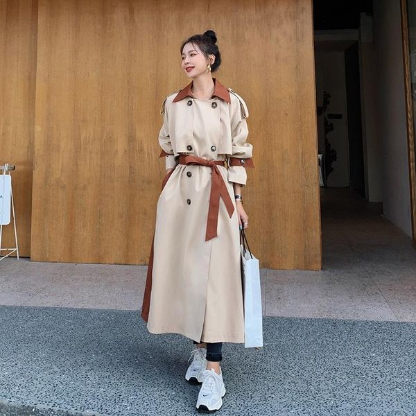 

women's trench coats brand long loose double-breasted women coat windbreaker lady duster cloak spring autumn outerwear female clothes, Tan;black