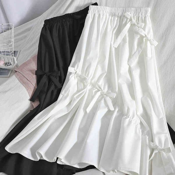 

skirts summer sweet bowknots solid black/white a-line long pleated f142