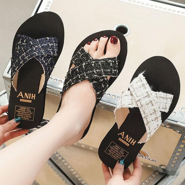 

summer cross strap slippers fashion trend wear flat heel shoes simple and comfortable women's clip foot beach, Black