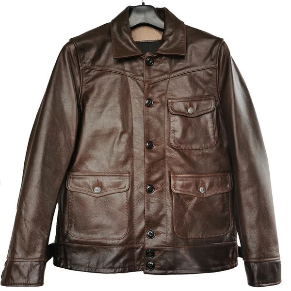 

men's leather & faux men jacket thick turn down collar dark brown solf oil wax cowhide skin winter coat asian size m-3xl m505, Black