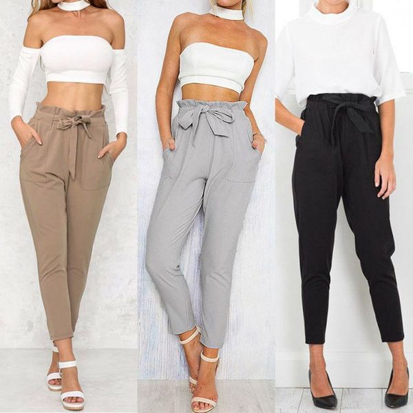 

women's pants & capris brand women high waist elastic harem casual chffion ol lady ankle length trouser clothing pencil, Black;white