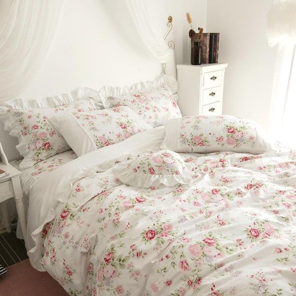 

bedding sets 100%cotton white pink floral girls princess set twin  king size duvet cover bedsheet bedskirt linen pillowcase