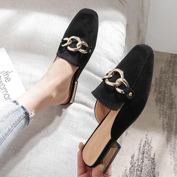 

wood heels metal chains mules ladies shoes flock cover toe slippers women sandals square wooden slides plus size 34-43, Black
