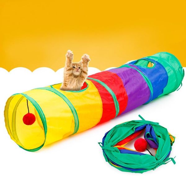 

100% brand polyester foldable pet cat toy kitten tunnel rainbow play tube with plush ball toys