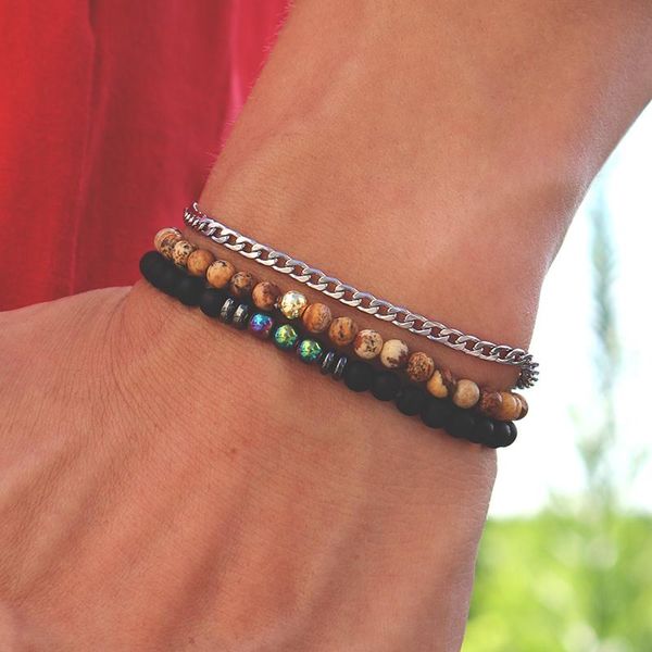 

beaded, strands 3pcs/set men stainless steel chain bracelet 4mm natural figure matte stone hematite beaded braclet jewelry gift for h, Black