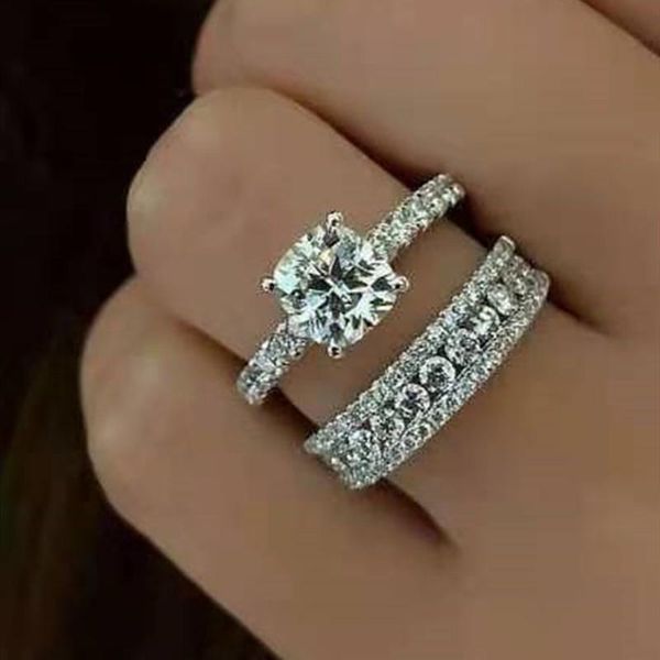 

cluster rings 2 pcs wedding engagement ring set with full bling iced out crystal rhinestone zircon for women party fashion jewelry, Golden;silver