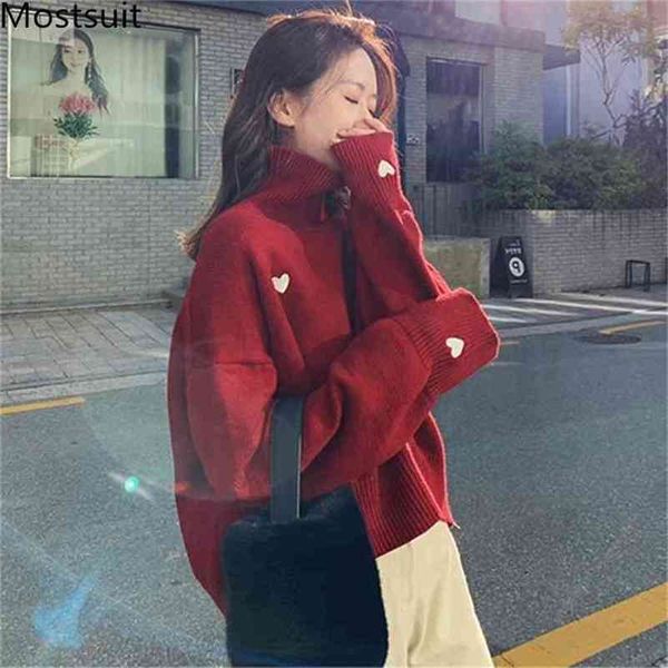

korean heart embroidered turtleneck sweaters pullovers autumn winter long sleeve fashion solid casual female 210513, White;black