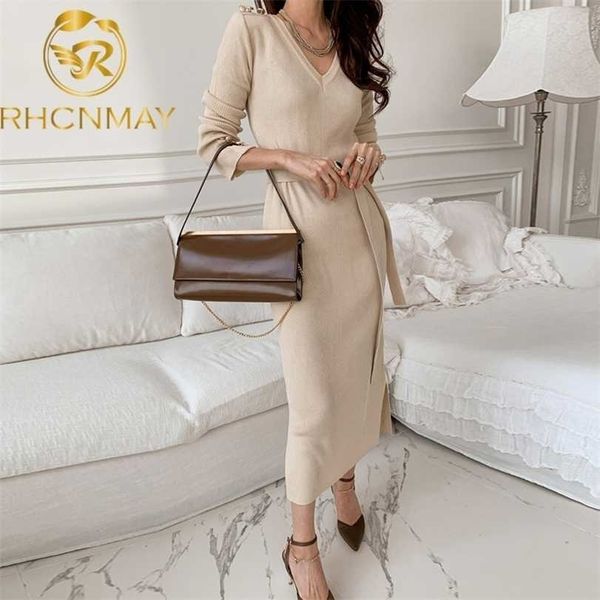 

elegant v neck split midi dress autumn winter women korean chic knit sweater button long sleeve sashes bodycon 211220, Black;gray