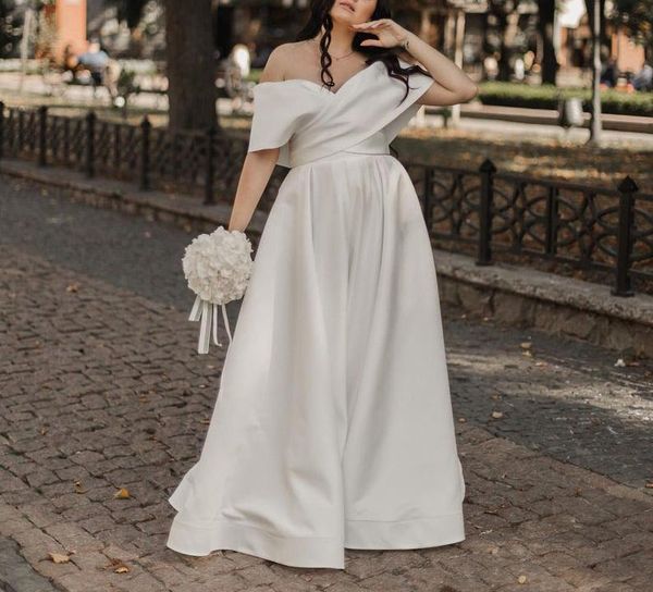 

other wedding dresses simple satin a line dress off shoulder short sleeve bride modern country bridal gowns robes de mariÃ©e, White
