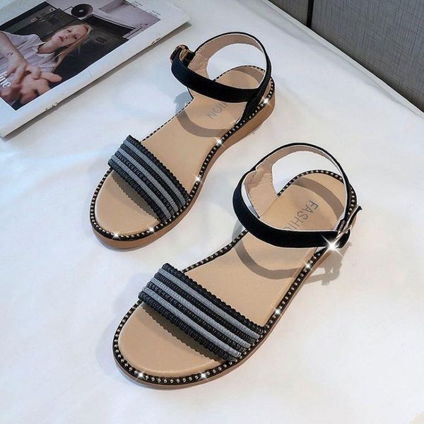 

sandals 2021 women snadals rhinestone stripe platform buckle flats shoes fashion roman summer beach anti-slip hollow female sandal, Black