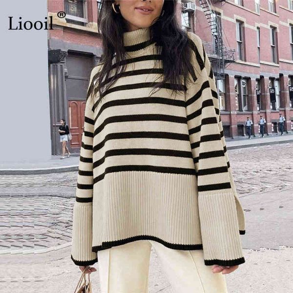 

black and white stripe sweater streetwear loose women pullover female jumper long sleeve turtleneck knitted ribbed sweaters 211217, White;black