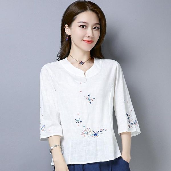 

women's blouses & shirts cotton embroidered shirt for women 2021 summer loose fit v-neck short sleeve retro quarter t-shirt, White