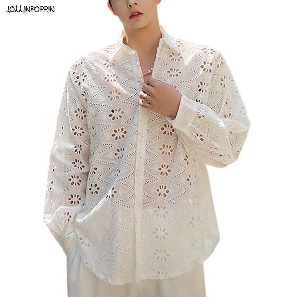 

men's casual shirts designer men hollowed out long sleeve lace shirt turn down collar 2021 spring summer korean style mens floral white, White;black