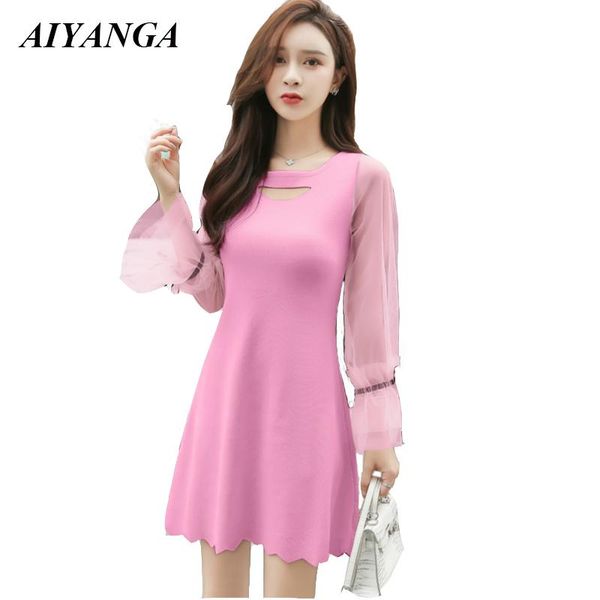 

casual dresses 2021 autumn women dress elegant ladies knitted mesh long sleeve slim knitting a-line party dinner pink black, Black;gray