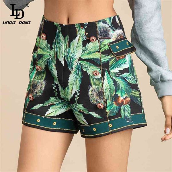 LD LINDA DELLA Diseñador de moda Verano Pantalones cortos elegantes Mujer Cintura alta Rebordear Estampado floral Vintage 210621