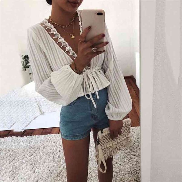 

fashion womens and blouses elegant long sleeve lace v neck ol shirt ladies dames party club tunique femme streetwear 210730, White