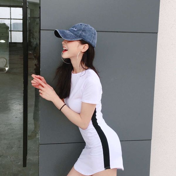 

casual dress south korea spring and summer versatile slim bag hip waist contrast short sleeve t-shirt backing dress, Black;gray