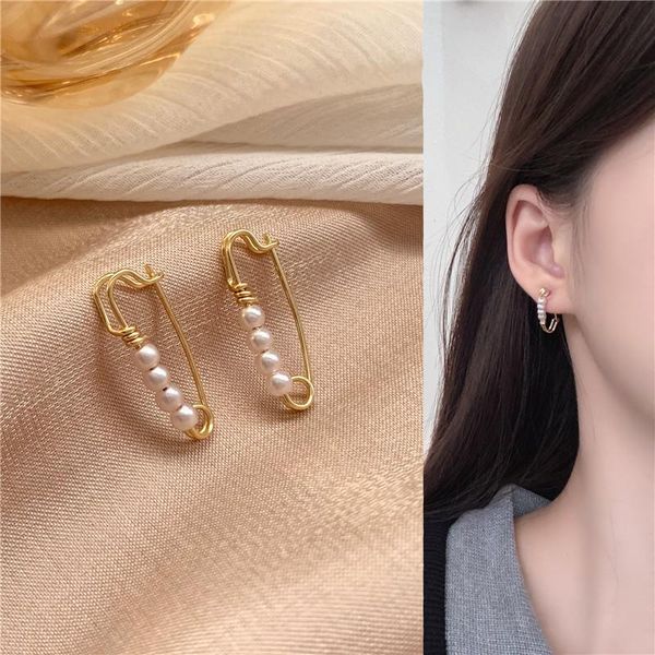 

korea freshwater white pearl pin stud earring jewelry gift for women, Golden;silver