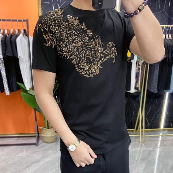 

men's t-shirts t-shirt short sleeve summer luxury black gold rhinestones bottom social club outfits tee shirt homme, White;black