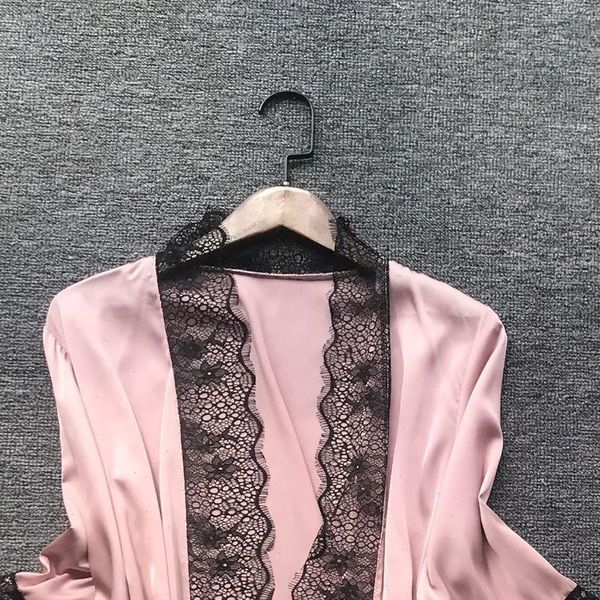 

summr satin black lace womens sleepwears fashion with chest pad nightdress shorst cardigan set pajamas, Black;red