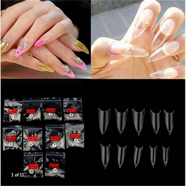 

500pcs/pack false nails natural/clear stiletto sharp french artificial fake full cover tips design salon nail art1, Red;gold