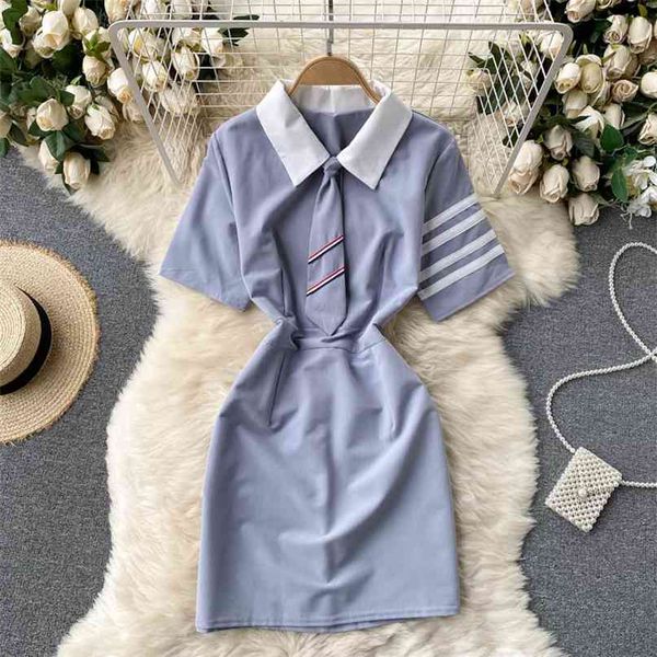 Женская мода контрастность отворота тонкий колледж короткое платье на линии летняя рукава одежда Vestidos S352 210527