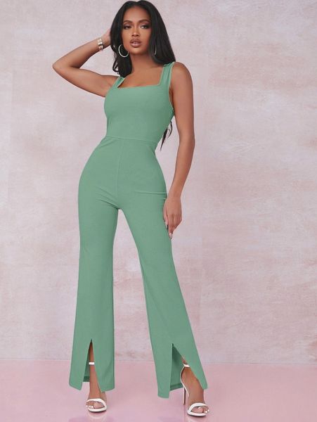 

sxy split hem flare leg jumpsuit i2cx#, White