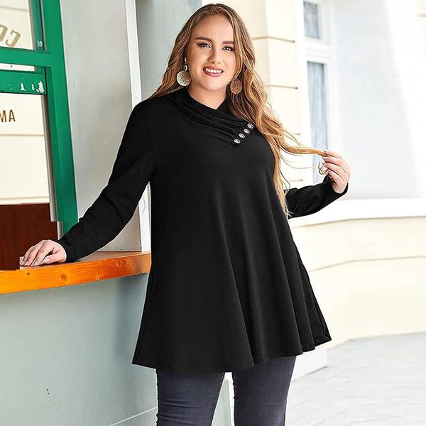 

plus size t-shirt 2021 spring autumn long blouse women buttons turtleneck sleeve solid casual loose big ladies, Black