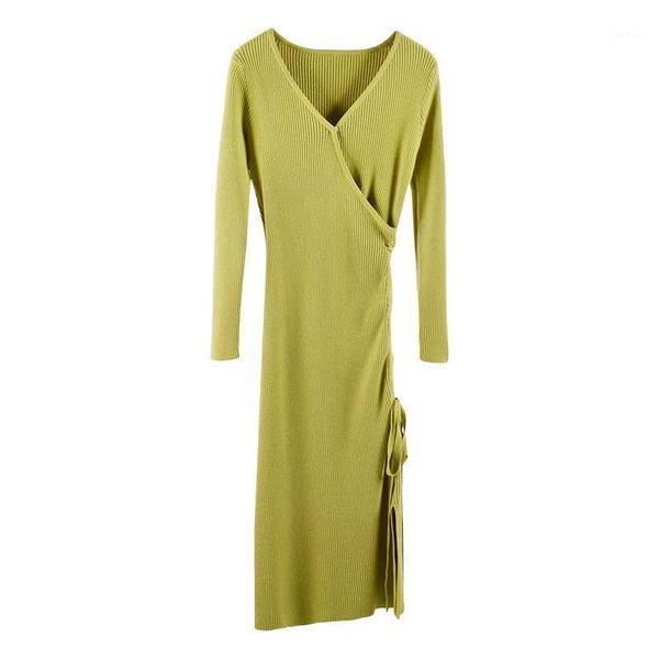 

casual dresses autumn and winter dress knit v-neck dark buckle long-sleeved slim drawstring pleated slimming split, Black;gray