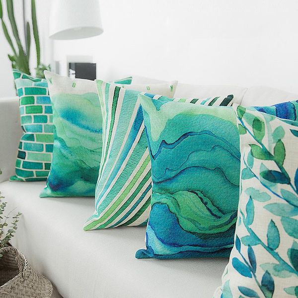

wholesales vintage blue green watercolor cushion cover abstract cushions for sofa seat simple home decor 45*45cm pillow case cushion/decorat