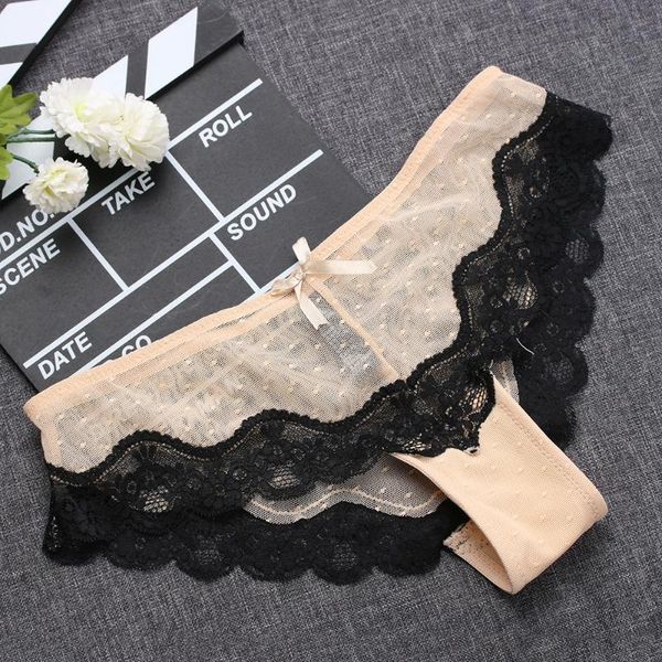 

piece of underwearwomen's lace comfortable breathable thong low-rise floating wave-edge underwear fashion women's panties, Black;pink