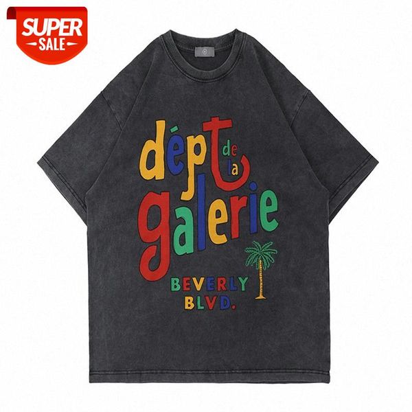 

european and american high street simple washed old black gray t-shirt loose contrast color letter printing short-sleeved tee male #ff9y, White;black